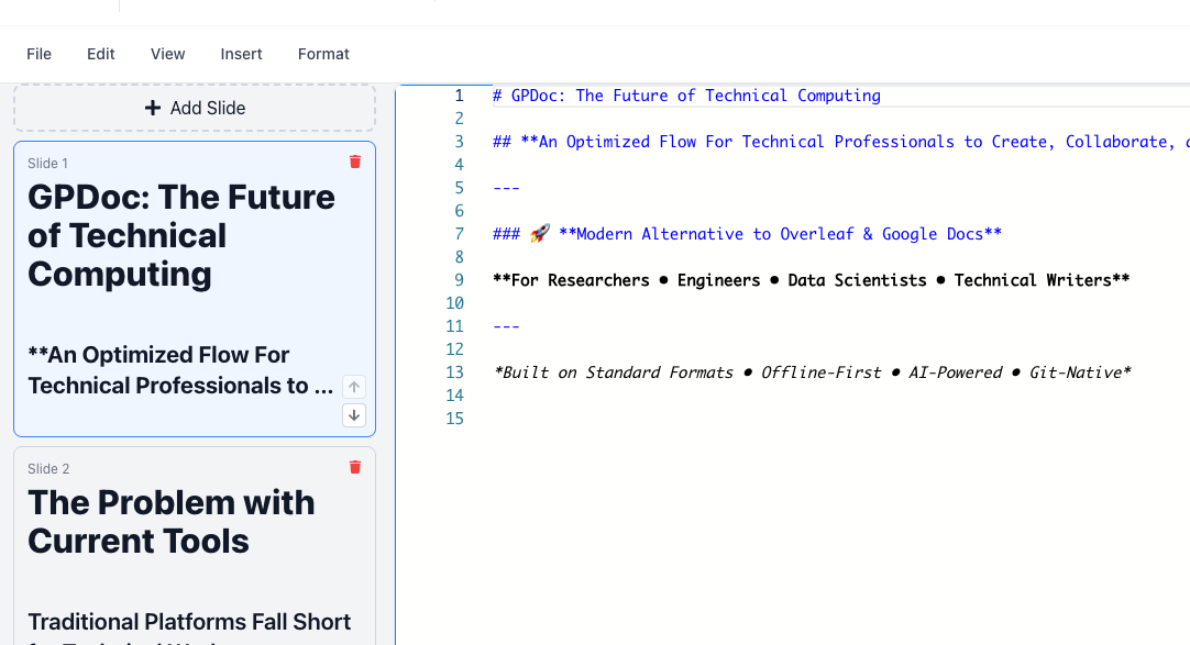 A GPDoc slide deck in the editing application